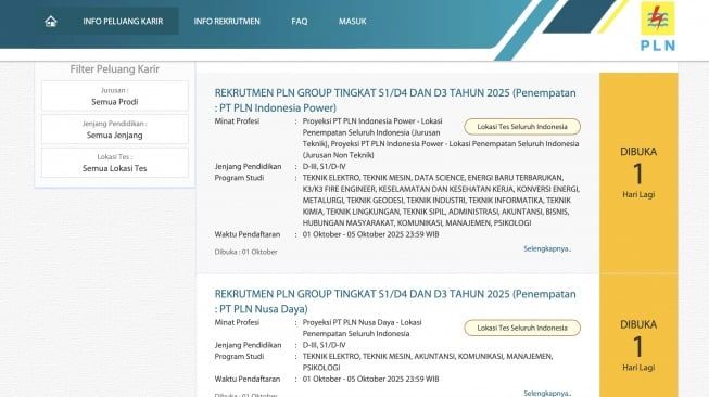 1 Oktober 2025, PLN Buka Lowongan untuk Lulusan D3&ndash;S2, Ini Daftar Jurusan yang Dibutuhkan